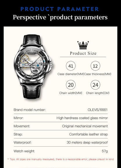 OLEVS 6661 Automatic Watch For Men Skeleton Original Mechanical Movement Man Wristwatch Waterproof Luminous Sport Men's Watches