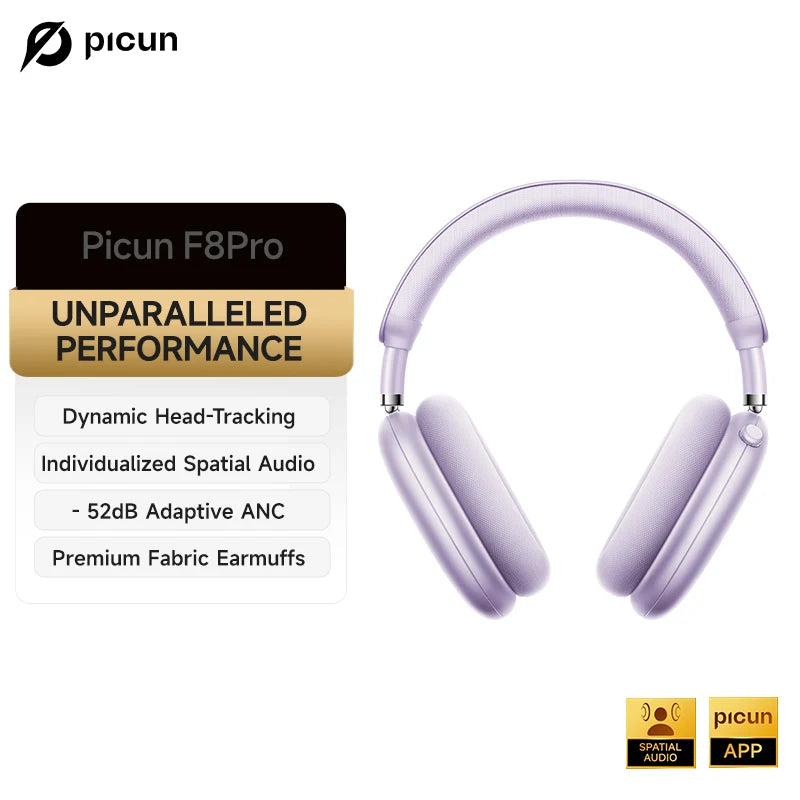 Picun F8 Pro ANC Kabellose Kopfhörer mit Head Tracking, 3D Spatial Audio, -52dB ANC, HIFI Bluetooth-Headset, ENC HD-Mikrofon, niedriger Latenz und App