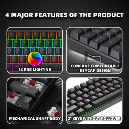 H61K USB-Type C Wired Mechanical Keyboard Red Switch RGB Backlit 61 Keys English Spanish Wired Keyboard for Game Office