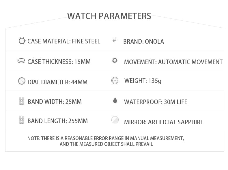 ONOLA Luxury Diamond Mechanical Wristwatches Fashion Sports Square Date Waterproof Automatic Man Watch Men Military Watch Clock