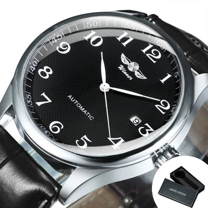 Klassiek herenhorloge – Retrostijl met datumweergave en blauwe wijzers, automatisch mechanisch uurwerk, prestigieus merk, stalen kast en leren band