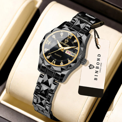 Montre pour femme BINBOND : montre à quartz robuste, luxueuse, luminescente et étanche, dotée d'un affichage précis de la date et du jour de la semaine.