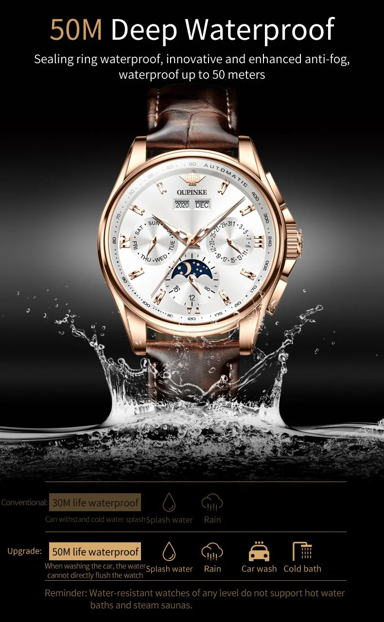 OUPINKE 3189 Classic Men's Watch Leather Strap Waterproof Moon phase Top Brand Automatic Mechanical Men's Wristwatch
