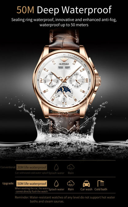 OUPINKE 3189 Classic Men's Watch Leather Strap Waterproof Moon phase Top Brand Automatic Mechanical Men's Wristwatch