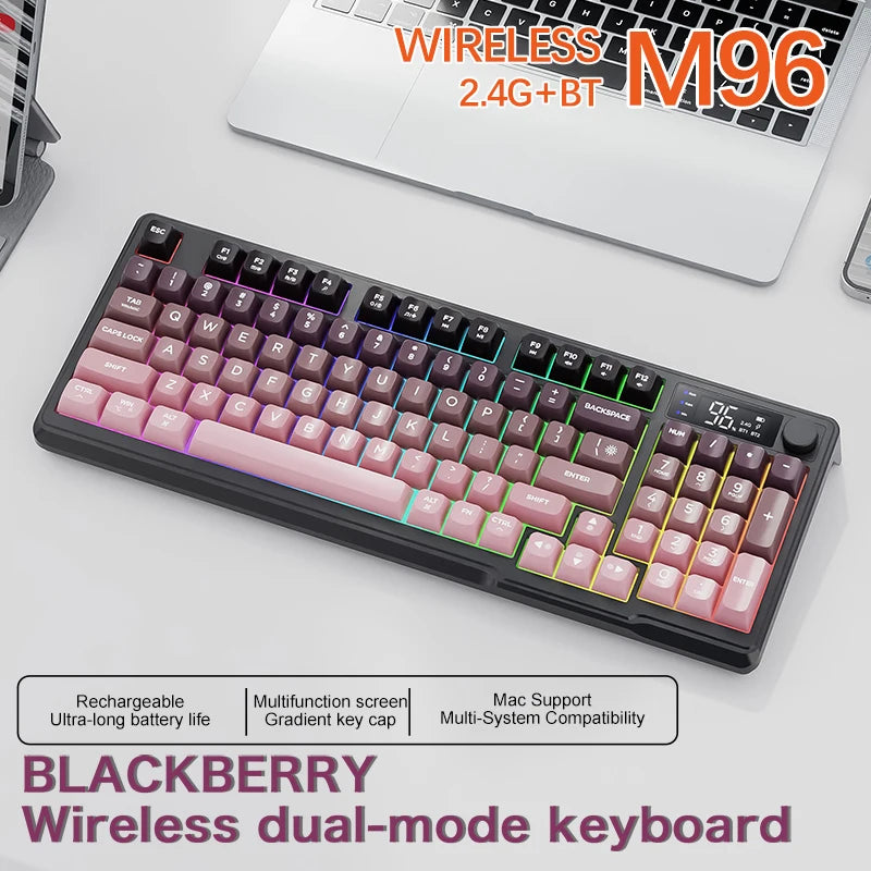M96 Bluetooth Wireless Keyboard FREEWOLF Digital Display,RGB Backlight,2000mAh Battery & PBT Keycaps for PC/Laptop