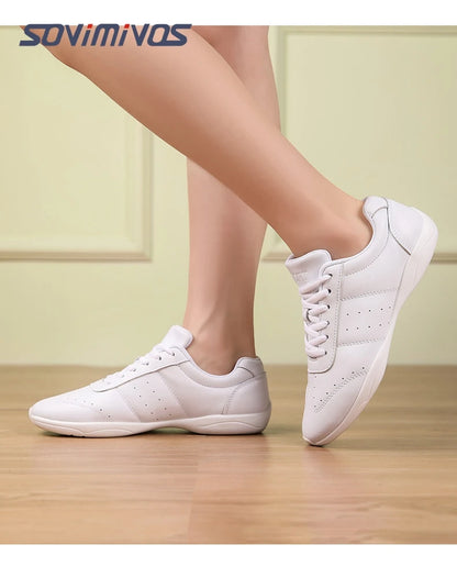 Women Dance Shoes Lightweight Flat Athletic Shoes Competitive Aerobic Gymnastics Shoes Fitness Sports Shoes White Dance Sneakers