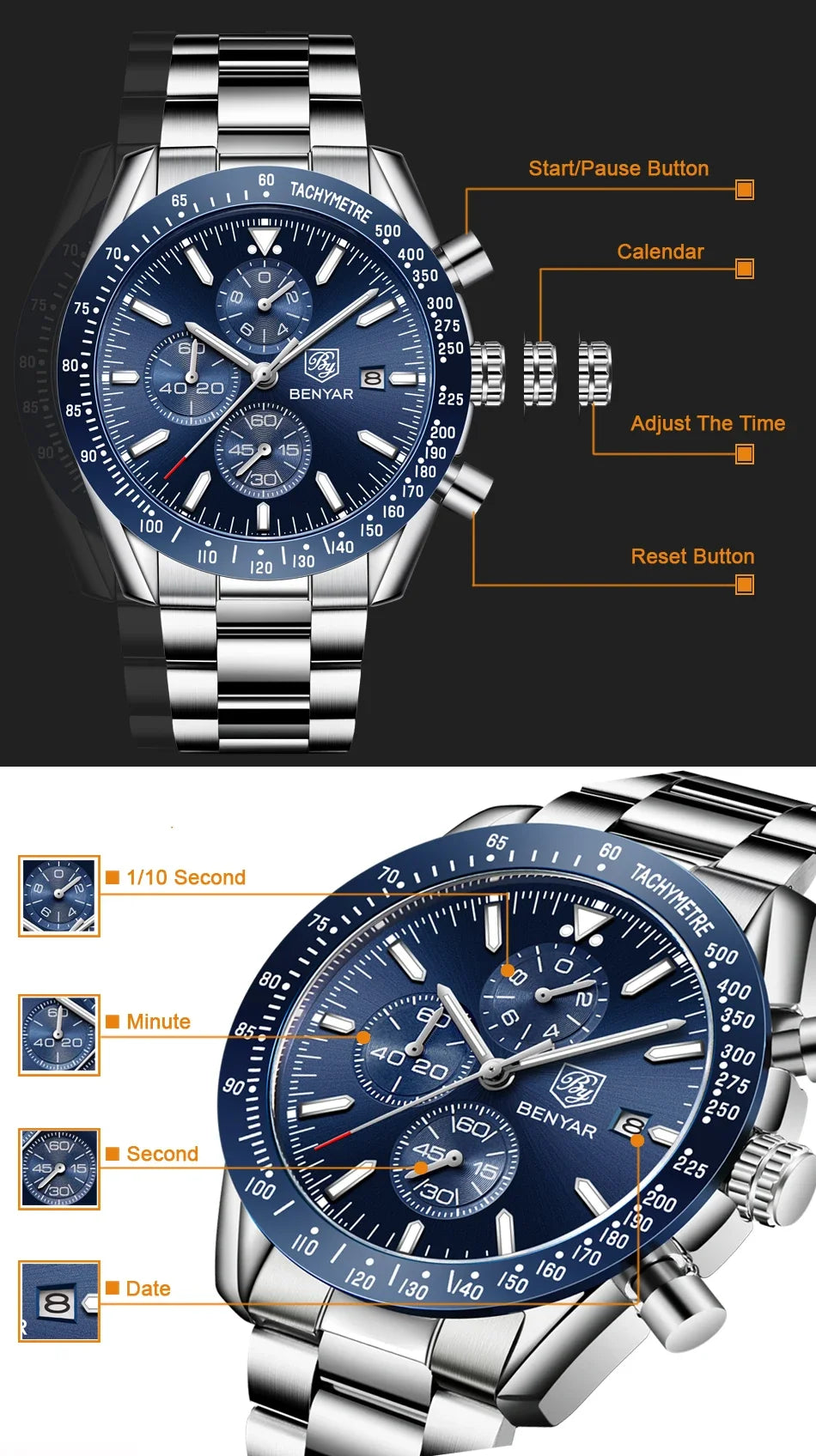 Men Watch BENYAR Top Brand Luxury Full Steel Business Quartz Watch Men Casual Waterproof Sports Watches Clock Relogio Masculino