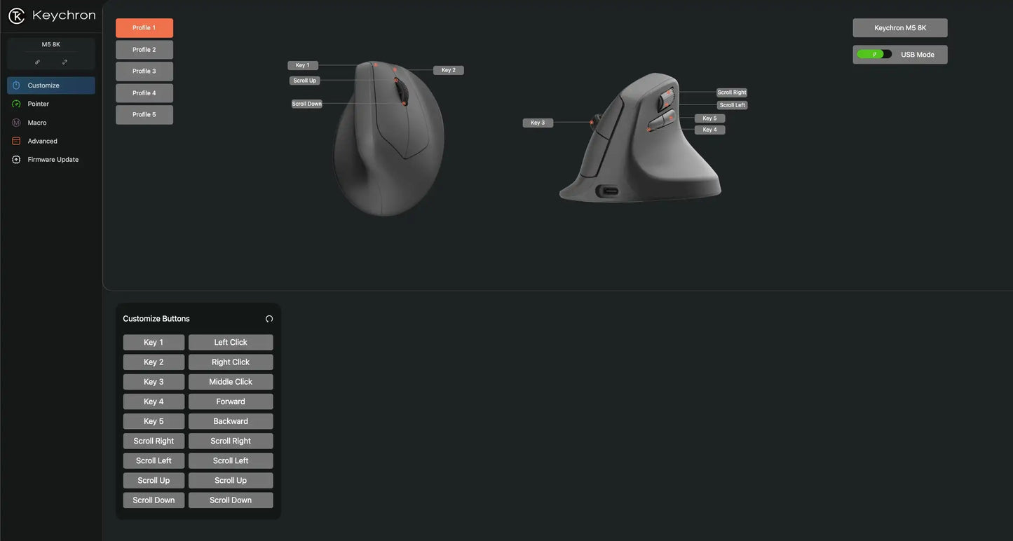 Keychron M5 trådløs ergonomisk optisk mus, 8K polling rate, 2.4GHz og Bluetooth, Type-C, 3950-sensor
