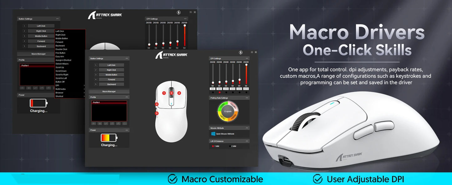ATTACK SHARK X3 vezeték nélküli gaming egér, 49g ergonomikus PC egér, három üzemmód, PAW3395 26K DPI optikai érzékelő, programozható gombok