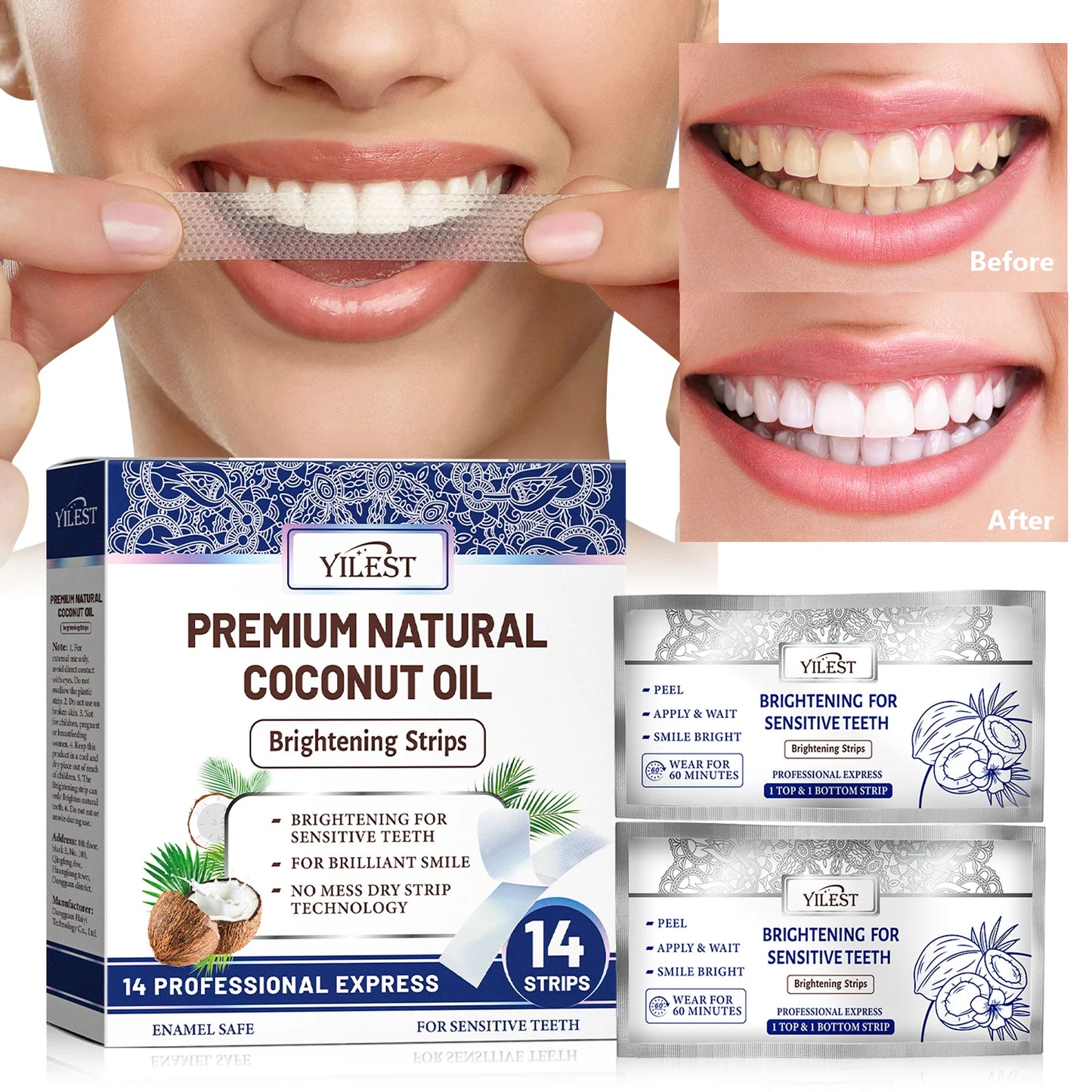 14 Strips Teeth Whitening Strips, Remove Plaque Stains Cleaning Oral Hygiene Sensitivity Relief, Fresh Breath Brighten Tooth Care