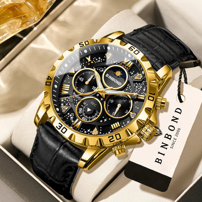 Montre-bracelet à quartz BINBOND authentique et précise pour homme, chronographe lumineux étanche de luxe avec bracelet en cuir.