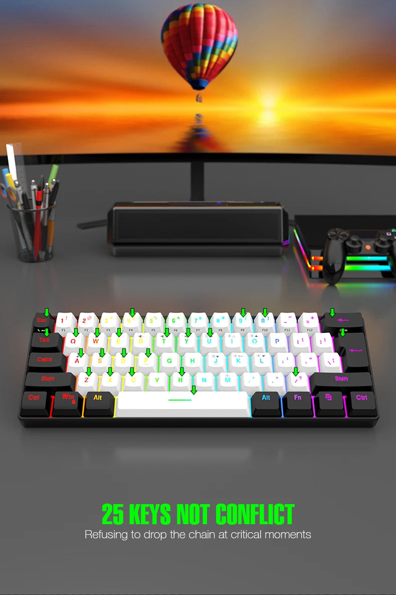 Tastiera meccanica cablata 61 tasti bianca, switch nero e blu, impermeabile, RGB illuminata, kit gaming e ufficio PUBG gamer retroilluminato