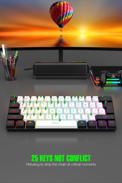 Tastiera meccanica cablata 61 tasti bianca, switch nero e blu, impermeabile, RGB illuminata, kit gaming e ufficio PUBG gamer retroilluminato