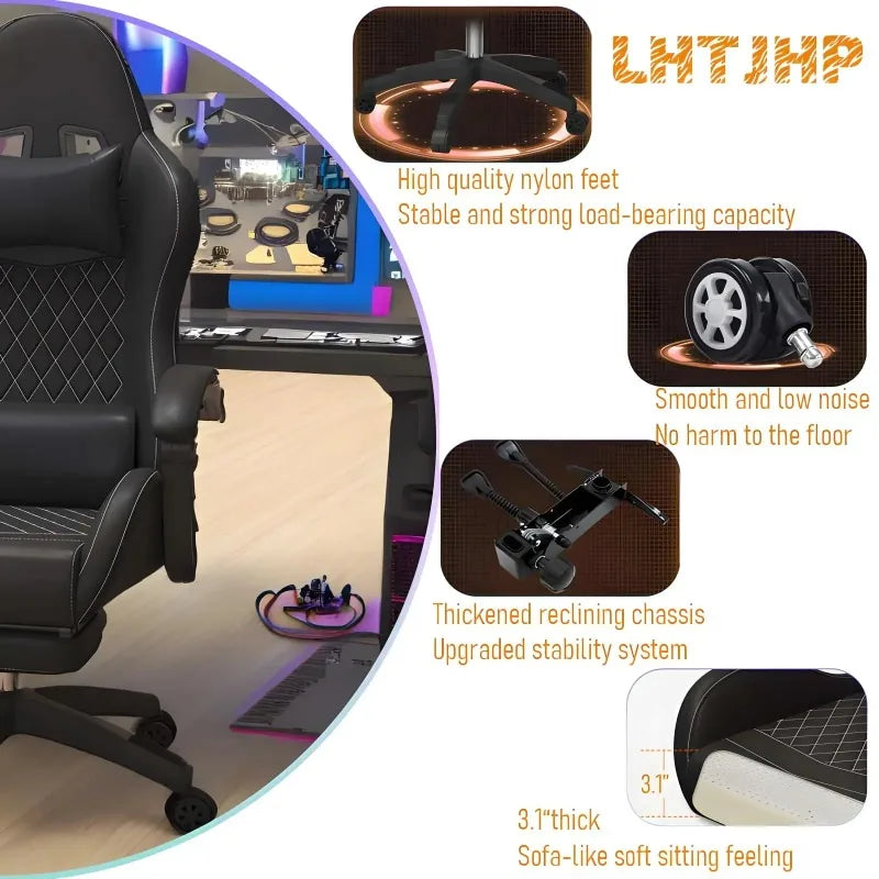 Hestora PU-Leder-Gaming-Stuhl für große und kräftige Personen, ergonomischer Computerstuhl mit hoher Rückenlehne, Fußstütze, Massagefunktion und Lordosenstütze für Erwachsene