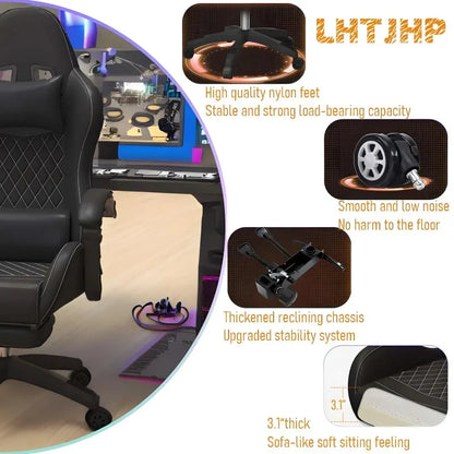 Hestora PU-Leder-Gaming-Stuhl für große und kräftige Personen, ergonomischer Computerstuhl mit hoher Rückenlehne, Fußstütze, Massagefunktion und Lordosenstütze für Erwachsene