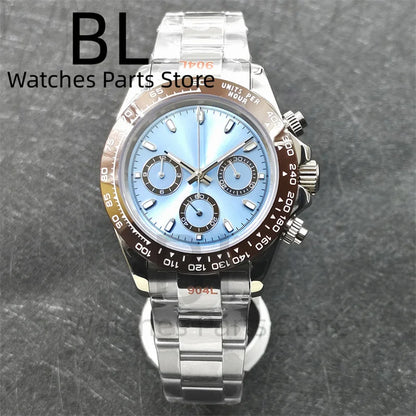 BLIGER 39mm VK63 Men's Quartz Chronograph Watch Ceramic Brown Insert Ice Blue Dial With C3 Luminous Sapphire Crystal Waterproof