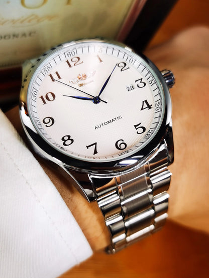 Herrenuhr WINNER – Klassischer, retro-eleganter Stil – Mechanische Automatikuhr mit Kalender – Luxusmarke, Edelstahlgehäuse und Lederarmband