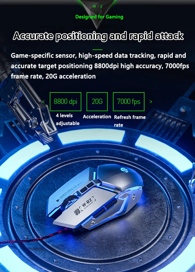 Inphic W2 2. generace USB kabelová herní myš, tiché kliknutí, kovový styl, 6 tlačítek s programováním maker, 8800DPI