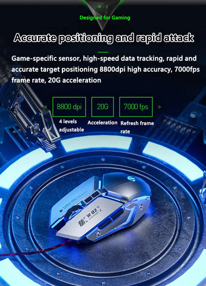 Inphic W2 2. generace USB kabelová herní myš, tiché kliknutí, kovový styl, 6 tlačítek s programováním maker, 8800DPI