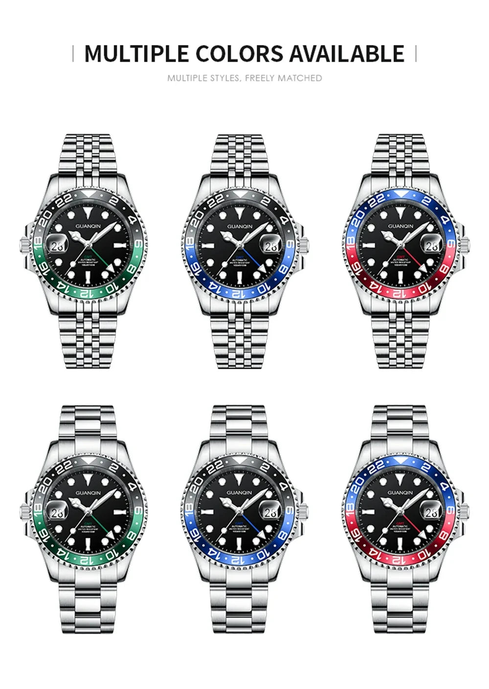GUANQIN GMT Men's Watches 2025 New Atuomatic Watch Men NH34 Mechanical Wristwatch Sapphire Glass Stainless Steel Clock Left Hand