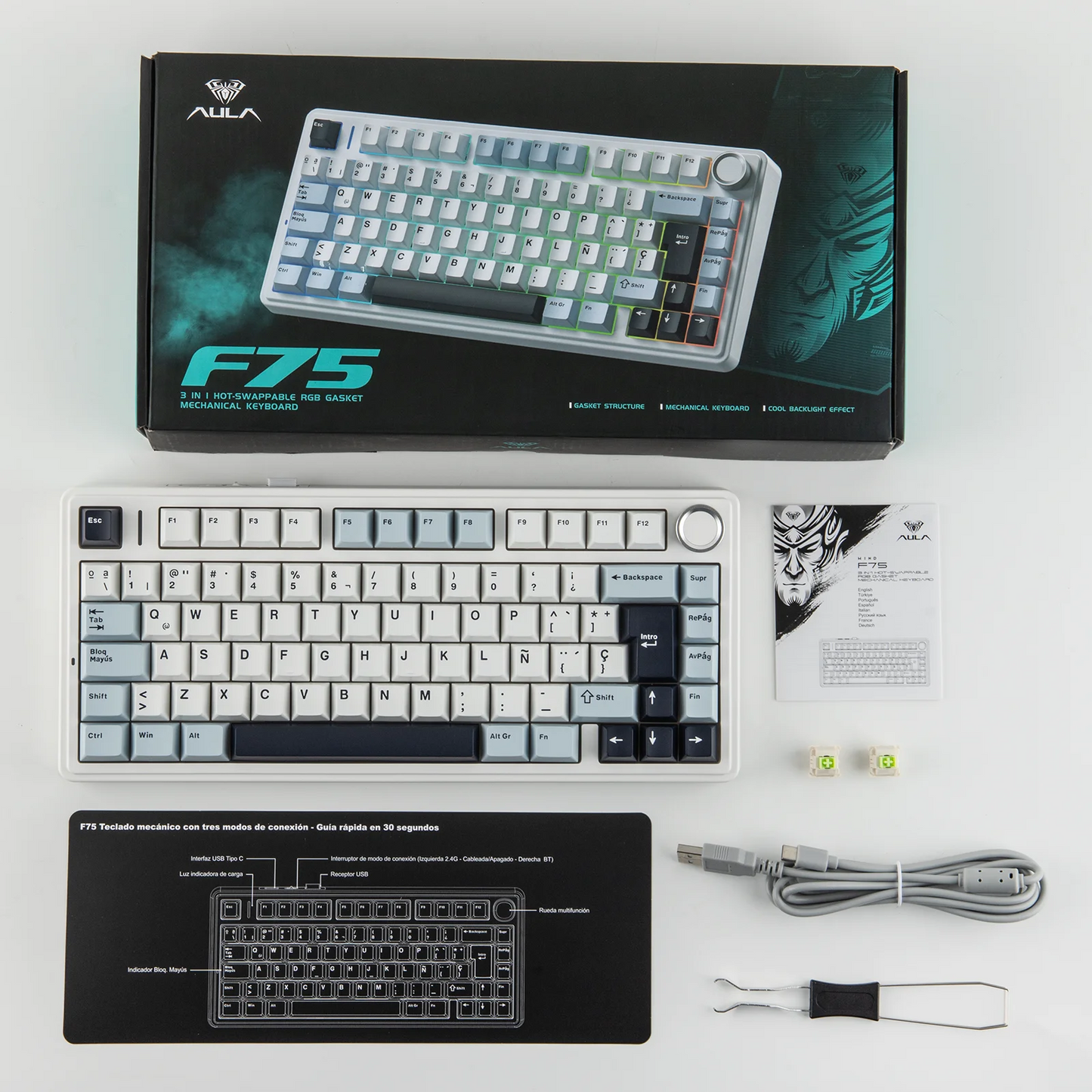 EPOMAKER AULA F75 ISO-ES 75% Spanish QWERTY Hot-Swap Gasket-Mounted Wired/Bluetooth/2.4GHz Wireless Mechanical Gaming Keyboard RGB Backlight