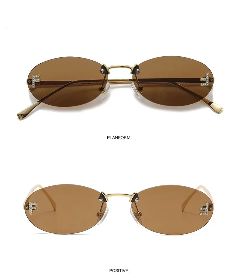 3set Women Fashion Brand Rimless Sunglasses Retro Small Oval Alloy Elegant Gradient Sun Glasses Outdoor Travel Shades Glasses