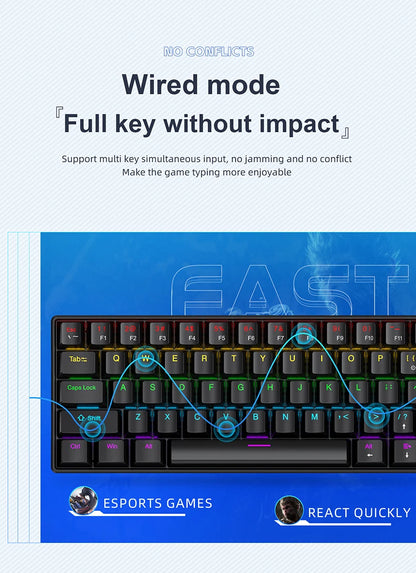 APAYADO K61 Mini 60% Gaming Keyboard 61-Key, Wired, Portable, RGB Lighting, Red/Blue Switch, Black/White/Red Colors