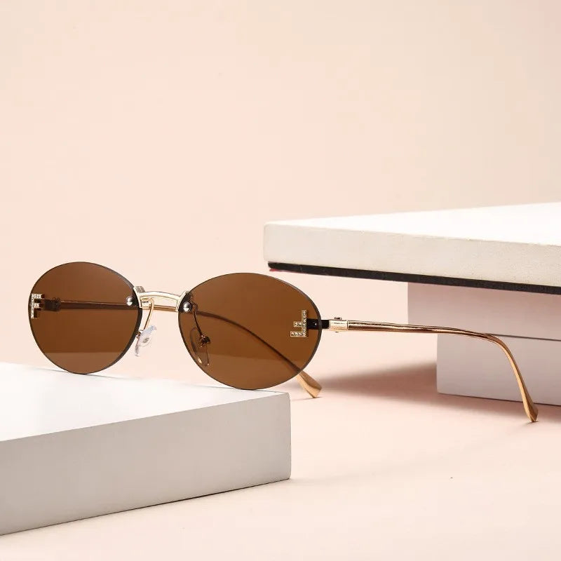 3set Women Fashion Brand Rimless Sunglasses Retro Small Oval Alloy Elegant Gradient Sun Glasses Outdoor Travel Shades Glasses