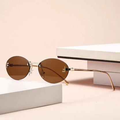3set Women Fashion Brand Rimless Sunglasses Retro Small Oval Alloy Elegant Gradient Sun Glasses Outdoor Travel Shades Glasses