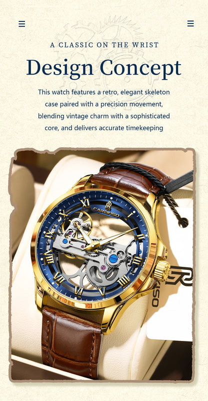 CAREKISO Fashion Men's Watches Original Mechanical Leather Men Clock Waterproof Hollow Tourbillon Automatic Man Watch Reloj Male
