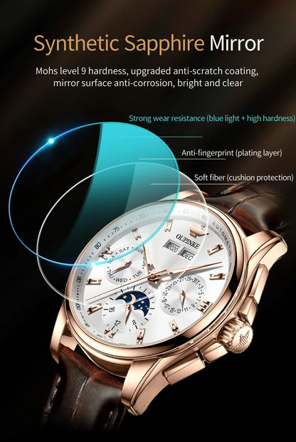 OUPINKE 3189 Classic Men's Watch Leather Strap Waterproof Moon phase Top Brand Automatic Mechanical Men's Wristwatch