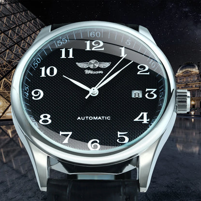 Klassiek herenhorloge – Retrostijl met datumweergave en blauwe wijzers, automatisch mechanisch uurwerk, prestigieus merk, stalen kast en leren band