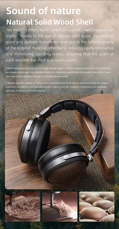 FiiO FT1 Professional Wired HiFi Monitor Headphones – North American Walnut Over-Ear Dynamic Stereo Headset with Leather & Metal Build
