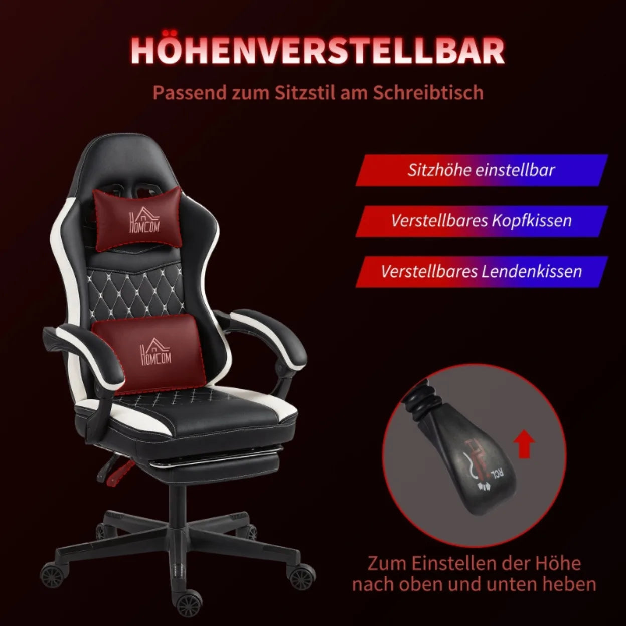 Ergonomic Gaming Chair with Footrest, Adjustable Reclining Computer Chair with Headrest & Lumbar Support, Faux Leather Swivel Gamer Chair