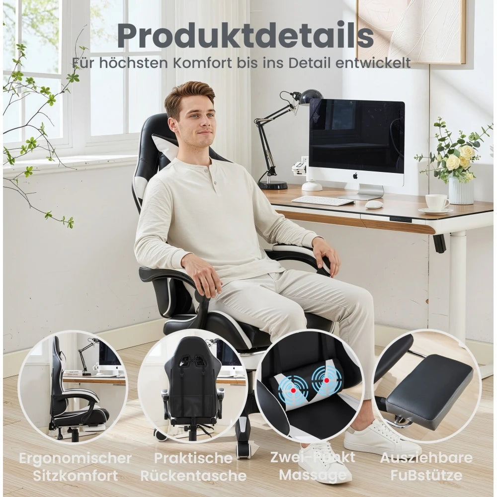 360 ° - Swivel Ergonomic Racing Design Gaming Chair Leather High Back Office Chair Height Adjustable Task Chair, Black&White