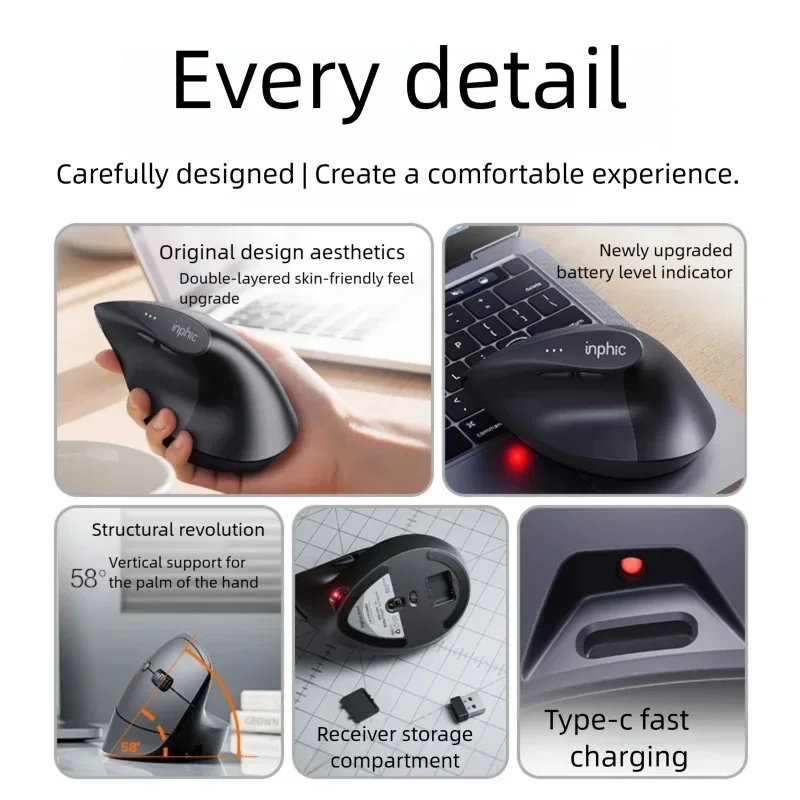 Inphic X9 PRO függőleges vezeték nélküli egér Type-C gyorstöltéssel, ergonomikus, halk irodai egér laptophoz, PC-hez, számítógéphez és gaminghez