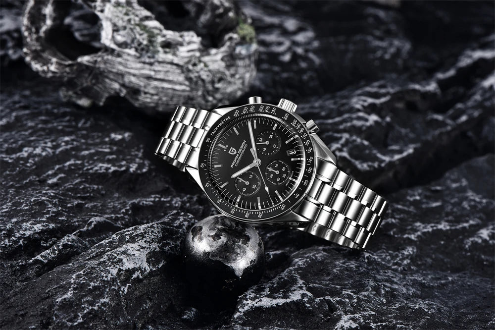 Vyriškas laikrodis „PAGANI DESIGN“ „New Moon“ – prabangus kvarcinis laikrodis su chronografu, safyro stiklu su antirefleksine danga, keraminiu rėmeliu ir šviečiančiomis rodyklėmis