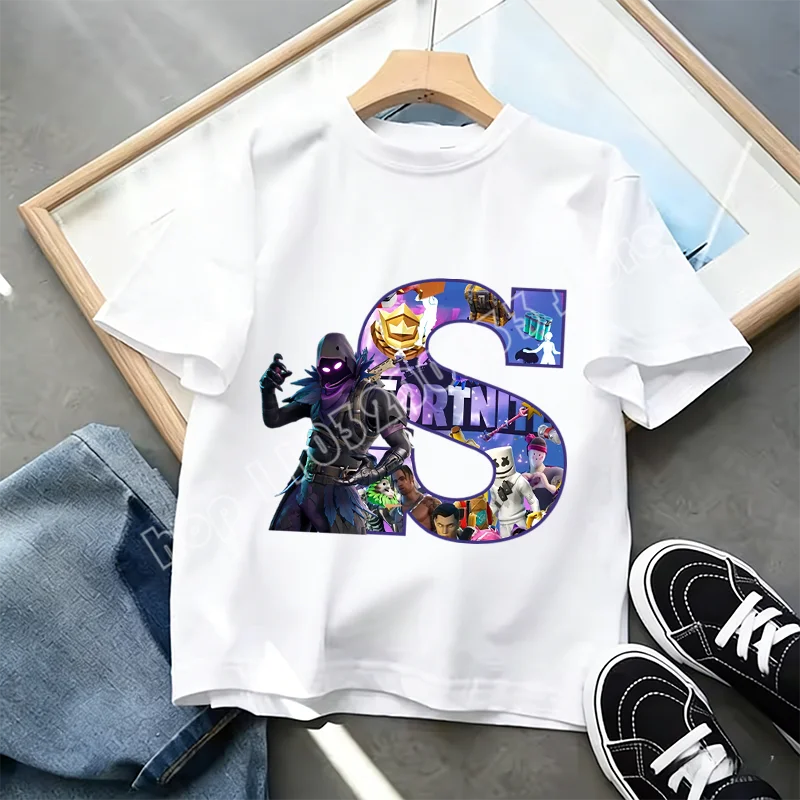 Тениска Fortnite A-Z Alphabet Print за деца, лятна бяла дреха, популярна тениска с анимационна игра, модерен ежедневен топ с къс ръкав, подарък