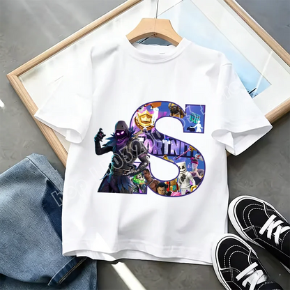 Тениска Fortnite A-Z Alphabet Print за деца, лятна бяла дреха, популярна тениска с анимационна игра, модерен ежедневен топ с къс ръкав, подарък