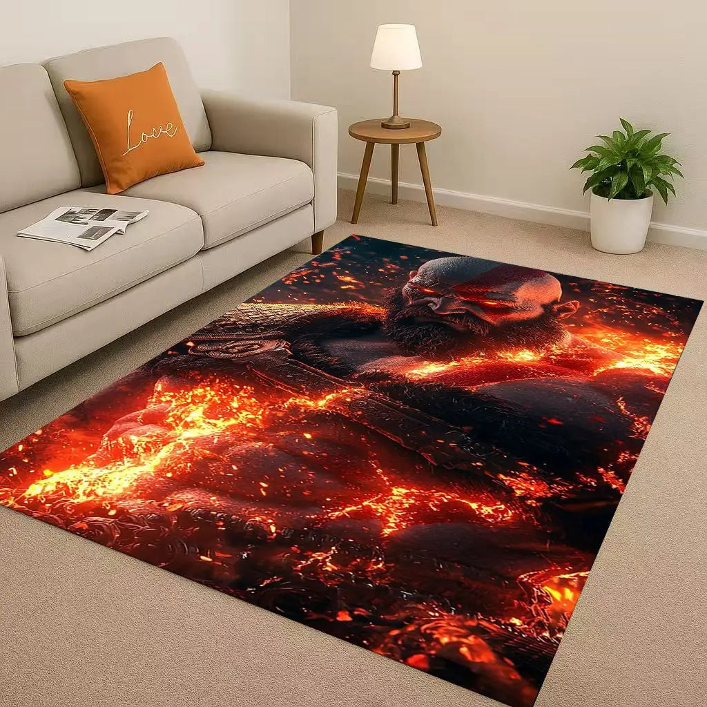 Game God of War Kratos Cartoon Gamer Living Room Non-Slip Area Rug Soft Carpet for Bedroom Playroom Sofa,Easy Clean Home Doormat