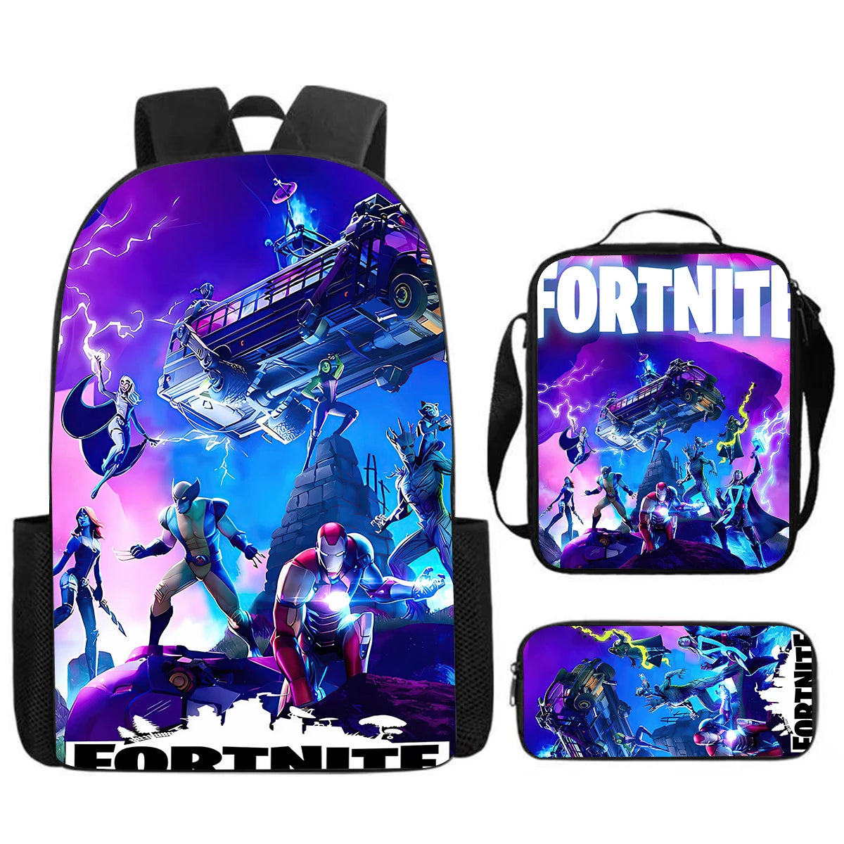 Cute Cartoon  3pcs Set School Backpack with Lunch Bag Pencil Case , Large Anime Fortnite Kids School Bags For Boys and Girls