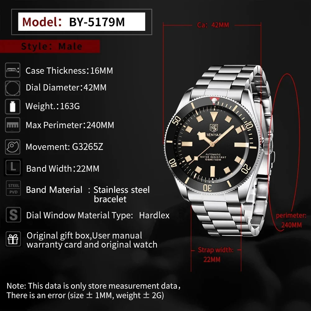 BENYAR Men's Watches Mechanical Automatic Watch BB58 Sport Watch For Men 2026 Stainless Steel Waterproof Business Luminous Clock