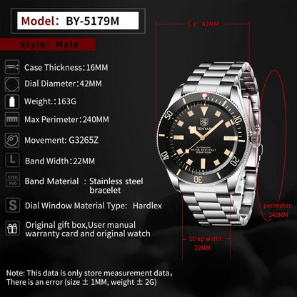 BENYAR Men's Watches Mechanical Automatic Watch BB58 Sport Watch For Men 2026 Stainless Steel Waterproof Business Luminous Clock