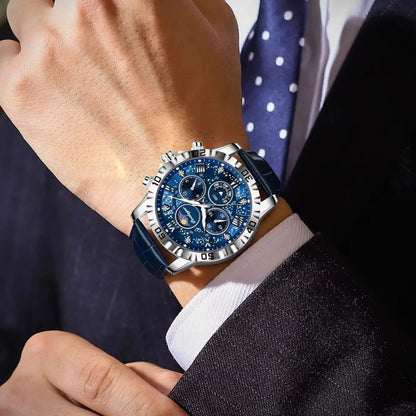 Luxus-Armbanduhr POEDAGAR für Herren – Sportlicher, wasserdichter und leuchtender Chronograph mit Lederarmband, Quarzwerk