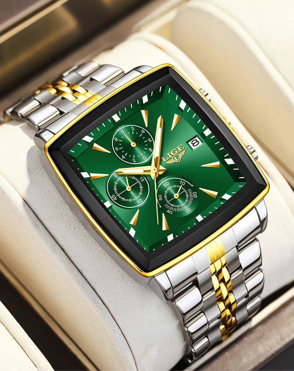 Relojes de lujo para hombre LIGE, modelo cuadrado, estilo clásico y moderno, de acero inoxidable, resistentes al agua, deportivos y desenfadados, con mecanismo de cuarzo.
