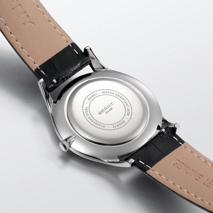 BERNY Men's Watches Luxury Classic Stylish Dress Quartz Watch Slim Stainless Steel Case Elegance Leather Strap Wristwatch