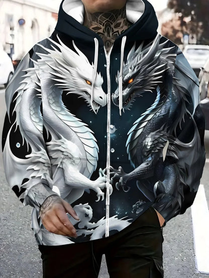 Herren-Kapuzenhoodie mit Drachenprint und Reißverschluss, für Outdoor-Aktivitäten und Reisen, mit Kordelzug, langärmelig, Herbst/Winter, Oversize-Sweatshirt für Männer
