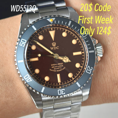 Watchdives WD5513Q 40mm Quartz Diver Watch VH31 Sweep Second Sapphire 200m Waterproof Steel Bracelet BGW9 Lume Mens Watch
