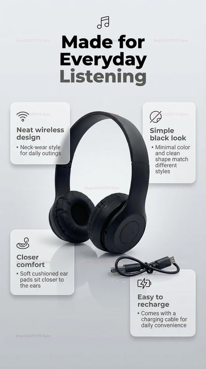 Bluetooth 5.0 Wireless Headphones, Foldable Over-Ear Headset, HiFi Stereo Sound, Soft Skin-Friendly Earmuffs