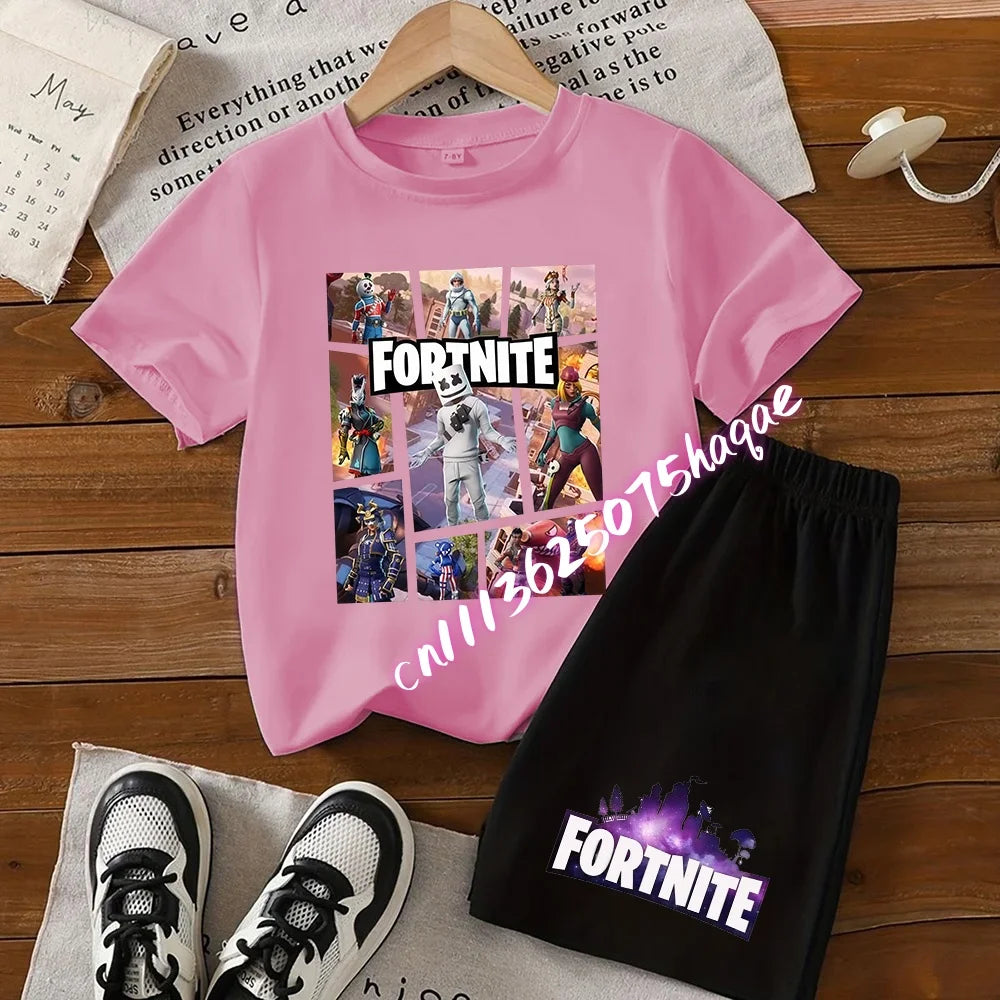 FortnitesT-shirt Shorts for Boys Girl Tee Pants Set Summer 2pcs Children Clothing Tops T-shirts Fortress Night Print Tees Gift